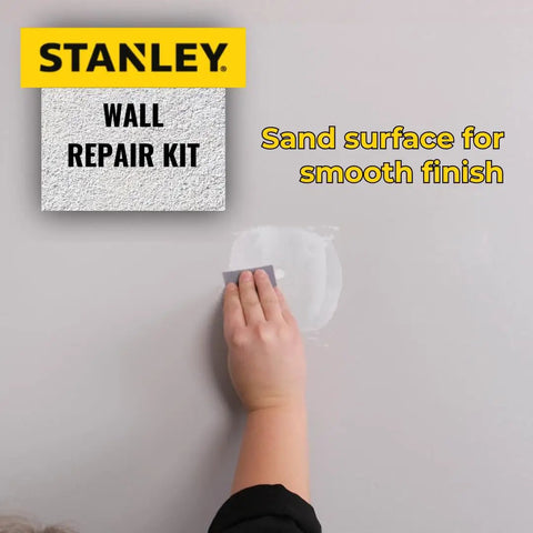 Person using Stanley wall repair kit for smooth finish on wall hole with All In One Drywall Patch Kit With No Mix Formula.