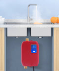 3000W Electric Mini Tank Water Heater Under Sink Real Quick Hot Water Solution For RV Camper Kitchen Easy Wall Or Floor Mount Setup Digital Temp Control 68 To 122F Sweet Spot For Point Of Use Needs with digital display installed under a kitchen sink.