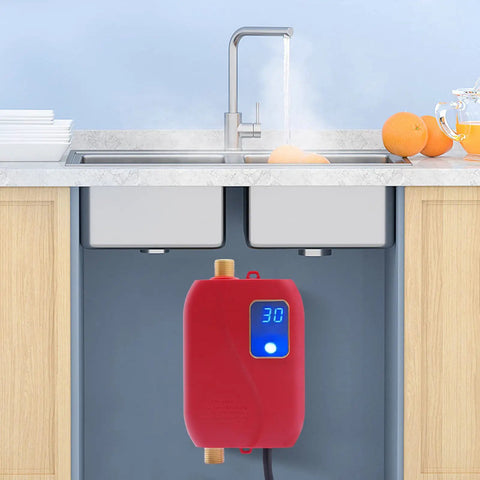 3000W Electric Mini Tank Water Heater Under Sink Real Quick Hot Water Solution For RV Camper Kitchen Easy Wall Or Floor Mount Setup Digital Temp Control 68 To 122F Sweet Spot For Point Of Use Needs with digital display installed under a kitchen sink.