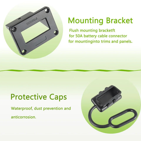 Mounting bracket and protective caps for 50 Amp Battery Quick Disconnect Connector Plug Kit With 8 AWG 30 Cm Cable O Ring Terminal Bracket