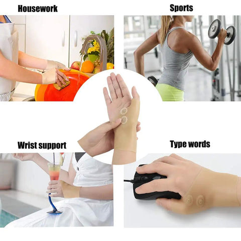 Thumb And Wrist Support Brace 2 Pack With Elastic Gel Fingerless Glove For Pain Relief Waterproof Wrist Compression Sleeve Splint shown in various daily uses