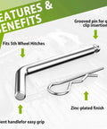 Replacement Heavy Duty 1/2-Inch 5th Wheel Pins And Clips For Base Rails And Gooseneck Hitches, Galvanized Rust-Resistant