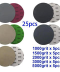25 Pack Premium 5 Inch Hook Loop Sandpaper Discs Wet Dry Grit Levels 1000 To 5000 Silicone Carbide assorted grit levels.