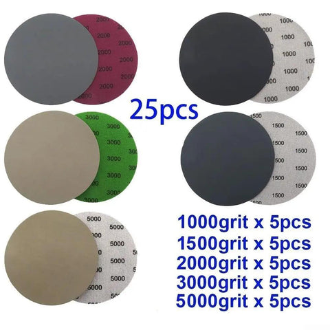 25 Pack Premium 5 Inch Hook Loop Sandpaper Discs Wet Dry Grit Levels 1000 To 5000 Silicone Carbide assorted grit levels.