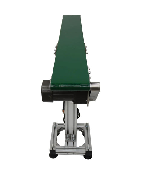 Front view of Workhorse PVC Flat Conveyor Belt System With Adjustable Speed And Single Row Leg Stand, green belt, 47"x5.9"