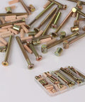 Heavy Duty Baby Crib Bed Frame Bolts And Screws Hardware Replacement Kit With M6 Hex Drive Socket Cap Screws Barrel Nuts And Wooden Dowel Pins For Smooth Setup Tough As Nails Furniture Assembly Bronze 16 Piece Set components, including screws and dowel pins in a box.