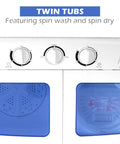 Control panel of Portable Twin Tub Washing Machine 20 Lbs Compact Washer Spinner Combo with blue knobs and twin tubs.