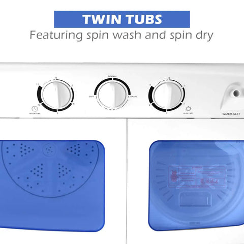 Control panel of Portable Twin Tub Washing Machine 20 Lbs Compact Washer Spinner Combo with blue knobs and twin tubs.
