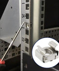 Heavy Duty M6 Mounting Cage Nuts For Server Rack And Network Cabinet Buildout Set with screwdriver and aluminum rail.