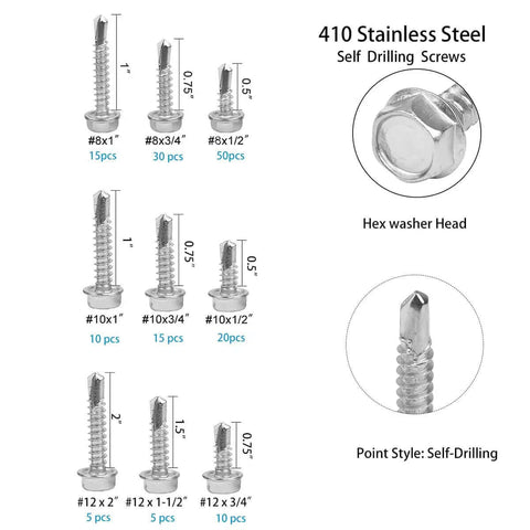 Self Drilling Hex Head Screws Set In 410 Stainless Steel Self Tapping Metal Screws Kit With 160 Piece Sheet Metal Assortment For 8 10 12 Size Options DIY Ready Rust Resistant And Easy To Use For Quick Projects display with various screw sizes and styles