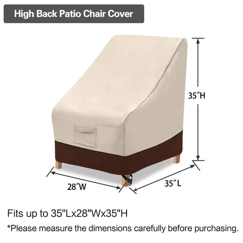 Heavy Duty High Back Patio Chair Cover 2 Pack Built To Last Waterproof Outdoor Furniture Covers 600D Oxford PVC Coated Rain Snow UV Resistant 35 Inch L 28 Inch W 35 Inch H Beige And Brown showing dimensions and material