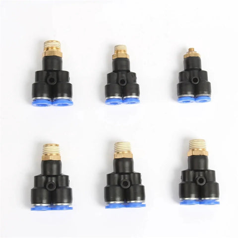 Get This Insane M5 To 1/2 Inch Y Shape Pneumatic Push In Fitting Connector Kit Featuring 20 Pieces Of Reliable Brass And Plastic Adapters For Smooth Air Distribution In Automation Systems And Tool Connections Without Any Leaks Today., six brass and plastic Y pneumatic push-in fittings with blue tube ports