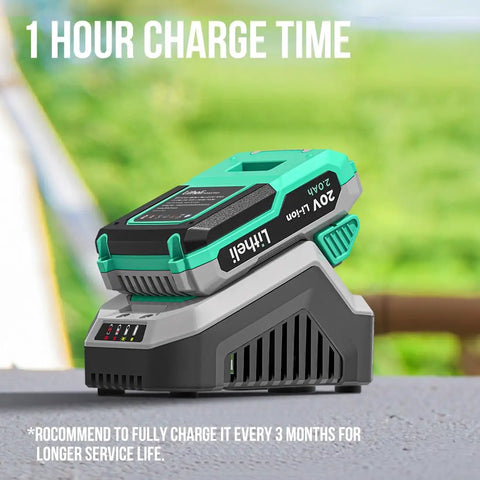 Cordless Drill Kit With 20V Max Power, 2.0 Ah battery on 1 hour fast charger outdoors