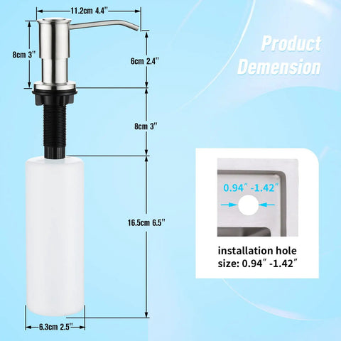 Dimensions of built in kitchen sink soap dispenser with 39 inch extension tube, 304 stainless steel pump, brushed nickel finish, 17 oz bottle