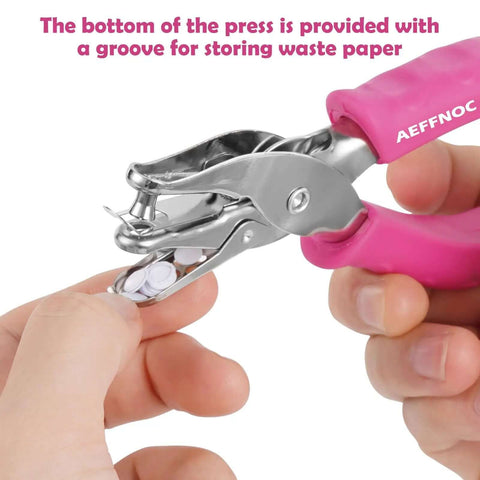 One Hole Punch With Soft Grip Handle For Paper One Quarter Inch Hole Punch Pink With Mess Tray Six Sheet Capacity in use