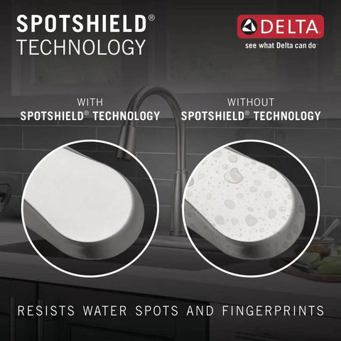 Comparison of Broadmoor Centerset Brushed Nickel Bathroom Faucet With SpotShield Technology vs without, showing water spots.