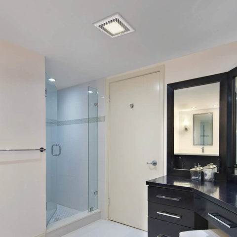 Slim 70 CFM Bathroom Exhaust Fan With LED Light 3000K Warm White 600 Lumen in modern bathroom ceiling, white grill