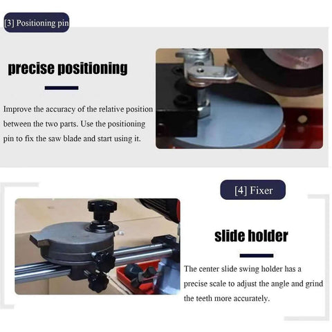 Heavy Duty Rotary Angle Mill Sharpener And Round Circular Saw Blade Grinder With Water Injection Cooling To Burn Off Dust And Keep Carbide Tips Razor Sharp All Day Long positioning pin and slide holder for precise saw blade adjustment.