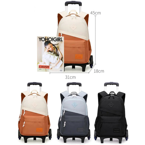 Rolling Backpack With Wheels For Kids Lightweight School Bag On Wheels Trolley shown in three colors with dimensions