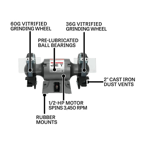 8-Inch Bench Grinder With 3450 RPM, 1/2 HP, 120V Single-Phase, Includes 60 and 36 Grit Vitrified Wheels, Enclosed Permanently Lubricated Bearings, Cast Iron Guards, Dust Vents, Quick-Adjust Spark Guard, Rubber Mounts, Big Eye Shields