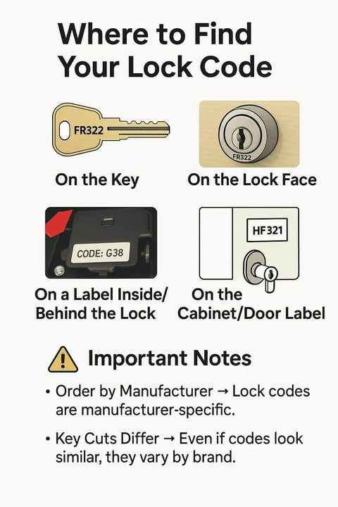 Guide showing locations of lock codes: on key, lock face, inside label, and cabinet door label with important notes.