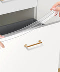 Clear Cabinet Door Edge Protectors 17.5 Inch PVC Furniture Guards 4 Pack Scratch Resistant Bumper Strips For 3/4 Thick Kitchen Cabinetry Quick Snap Setup No Sweat Install on drawer edge.