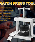 Watch Press Tool Set With 18 Molds Case Closer Crystal Press And Battery Replacement Repair Kit displayed in use