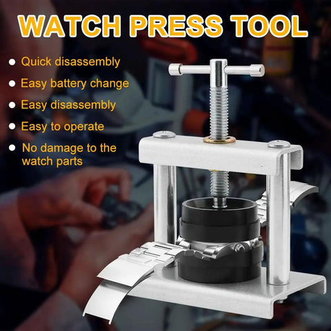 Watch Press Tool Set With 18 Molds Case Closer Crystal Press And Battery Replacement Repair Kit displayed in use