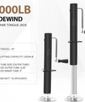 Pafessa 2000 lb sidewind A-frame tongue jack, front view, 15 inches travel, black tube, round base