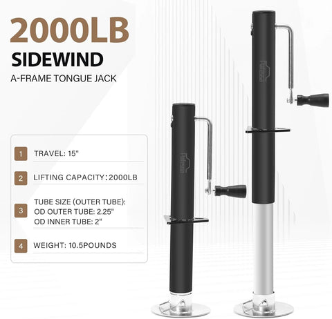 Pafessa 2000 lb sidewind A-frame tongue jack, front view, 15 inches travel, black tube, round base