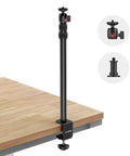 Desktop Camera Mount Stand 15 To 35 Inches with 1/4 Inch Ball Head and C Clamp attached to a wooden tabletop, two ball head details.