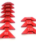 Hassle Free Router Table Round Corner Template And Fillet Gauge Jig For Smooth Woodworking Edges, red aluminum radius and taper templates.