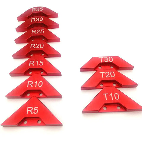 Pro Grade Aluminum Router Table Round Corner Template With Hella Sharp Radius Gauges, red curved gauges for precise woodworking.