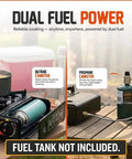 Dual Fuel Portable Camping Stove 3000W With Butane And Propane, Auto Ignition, Adjustable Flame, shown with canisters