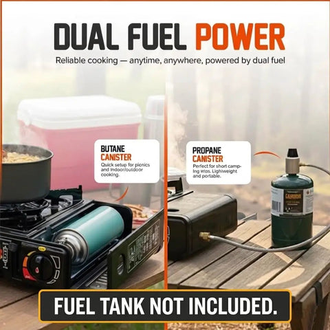 Dual Fuel Portable Camping Stove 3000W With Butane And Propane, Auto Ignition, Adjustable Flame, shown with canisters