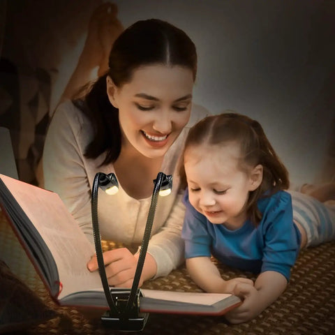 Mother and daughter using Dual Heads Rechargeable Clip On Book Light With 180 Degree Adjustable Arms for bedtime reading.