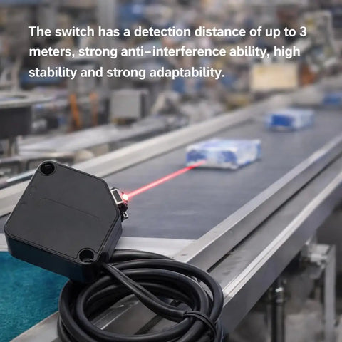 Photoelectric Switch Diffuse Reflection Sensor With 3 Meter Detection Range And Screw Pack Included set on conveyor belt