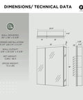 Dimensions and technical data for Heavy Duty Anodized Aluminum Bathroom Medicine Cabinet with mirrored interior.