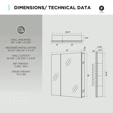 Dimensions and technical data for Heavy Duty Anodized Aluminum Bathroom Medicine Cabinet with mirrored interior.