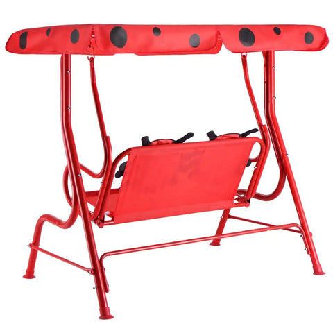 Porch Swing For Two Children With Adjustable Canopy And Safety Belts For All Weather Outdoor Patio Hammock Bench In Red Ladybug Pattern