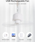 Portable Camping Fan With 8000mAh Battery, Rechargeable Tent Fan With Remote, suspended using hanging hook, USB charging