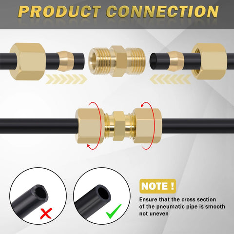 Brass compression fittings set for 1/4" OD tubing; union tee, 1/4" NPT straight coupling, 90° elbow, 38 pcs