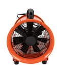 Front view of Heavy-Duty Portable Air Blower With Hose For Fast Ventilation And Extraction, orange exhaust fan with duct port