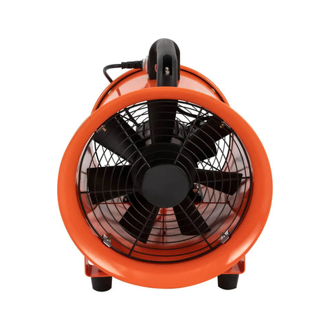 Front view of Heavy-Duty Portable Air Blower With Hose For Fast Ventilation And Extraction, orange exhaust fan with duct port