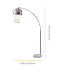 Arc Floor Lamp With Faux White Marble Base And Nickel Bell Shade For Living Rooms Offices Bedrooms Sleek Modern Mid Century Vibe Warm Ambient Task Lighting, measurements shown