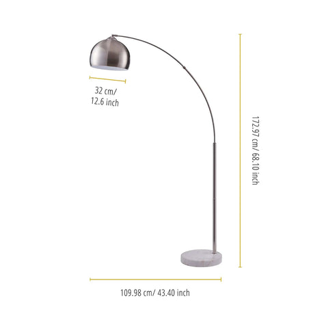 Arc Floor Lamp With Faux White Marble Base And Nickel Bell Shade For Living Rooms Offices Bedrooms Sleek Modern Mid Century Vibe Warm Ambient Task Lighting, measurements shown