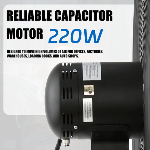 Beefy 30 Inch Pedestal Floor Fan With Industrial Grade Performance, reliable capacitor motor, 220W power for industrial use.