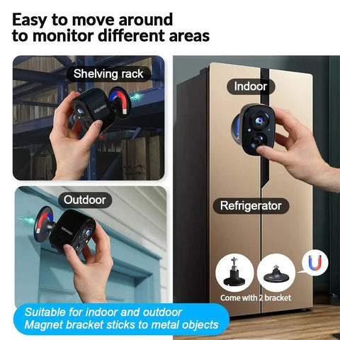 Wireless Outdoor Security Camera With Rechargeable Battery attached to shelving and refrigerator using magnetic mount