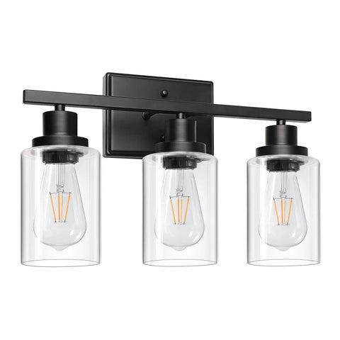 Three Light Black Vanity Light Fixtures With Clear Glass Shades, Dope Modern Wall Sconces for Bathroom, E26 Base, Front View