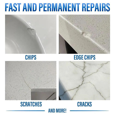 DIY Countertop Repair Kit For Granite Marble Quartz And More Chips Scratches Nicks Fixes Deep Gouges On Natural Stone And Acrylic Surfaces Black And Color Matched Fillers For A Seamless Look image showing chips, edge chips, scratches, and cracks on countertops.